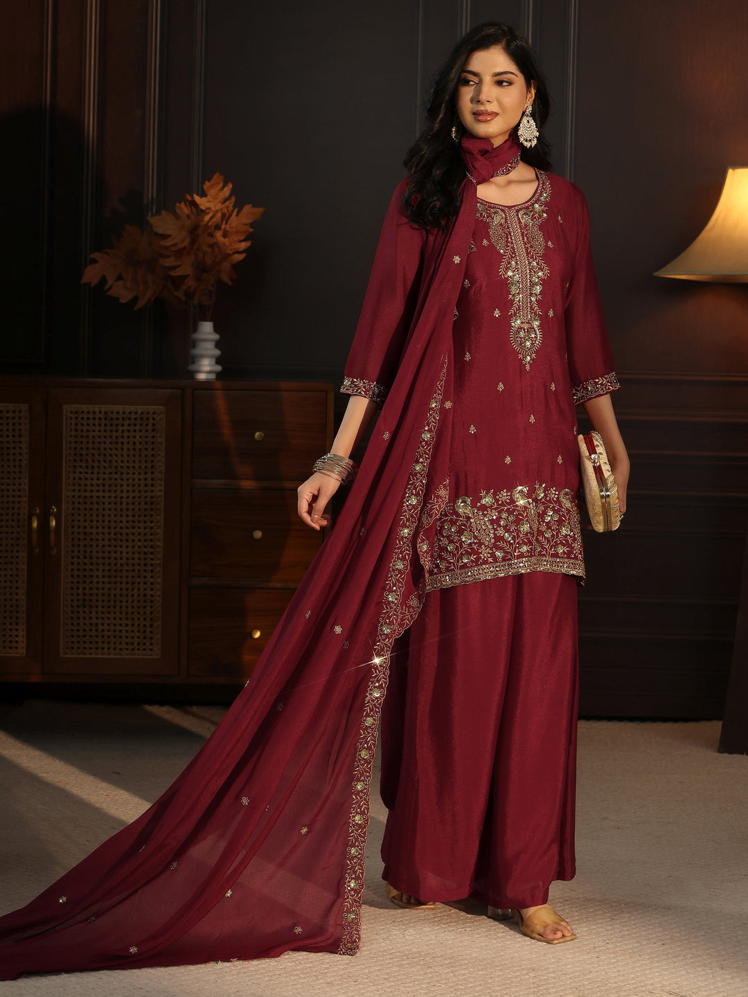 Libas Maroon Sequin Embellished Chinon Palazzo Suit Set