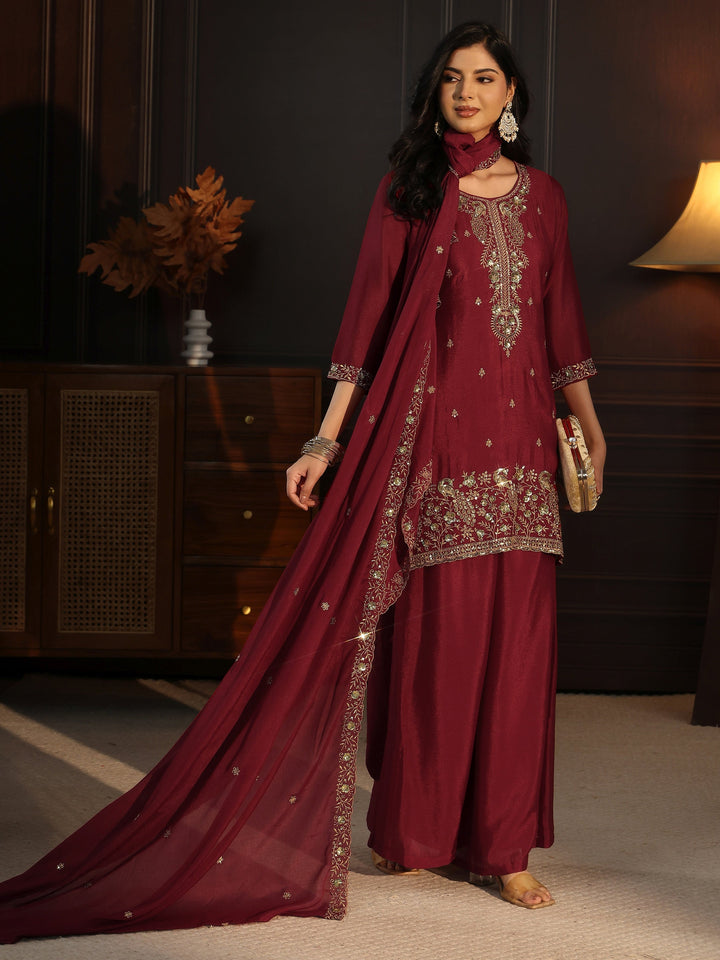 Libas Maroon Sequin Embellished Chinon Palazzo Suit Set
