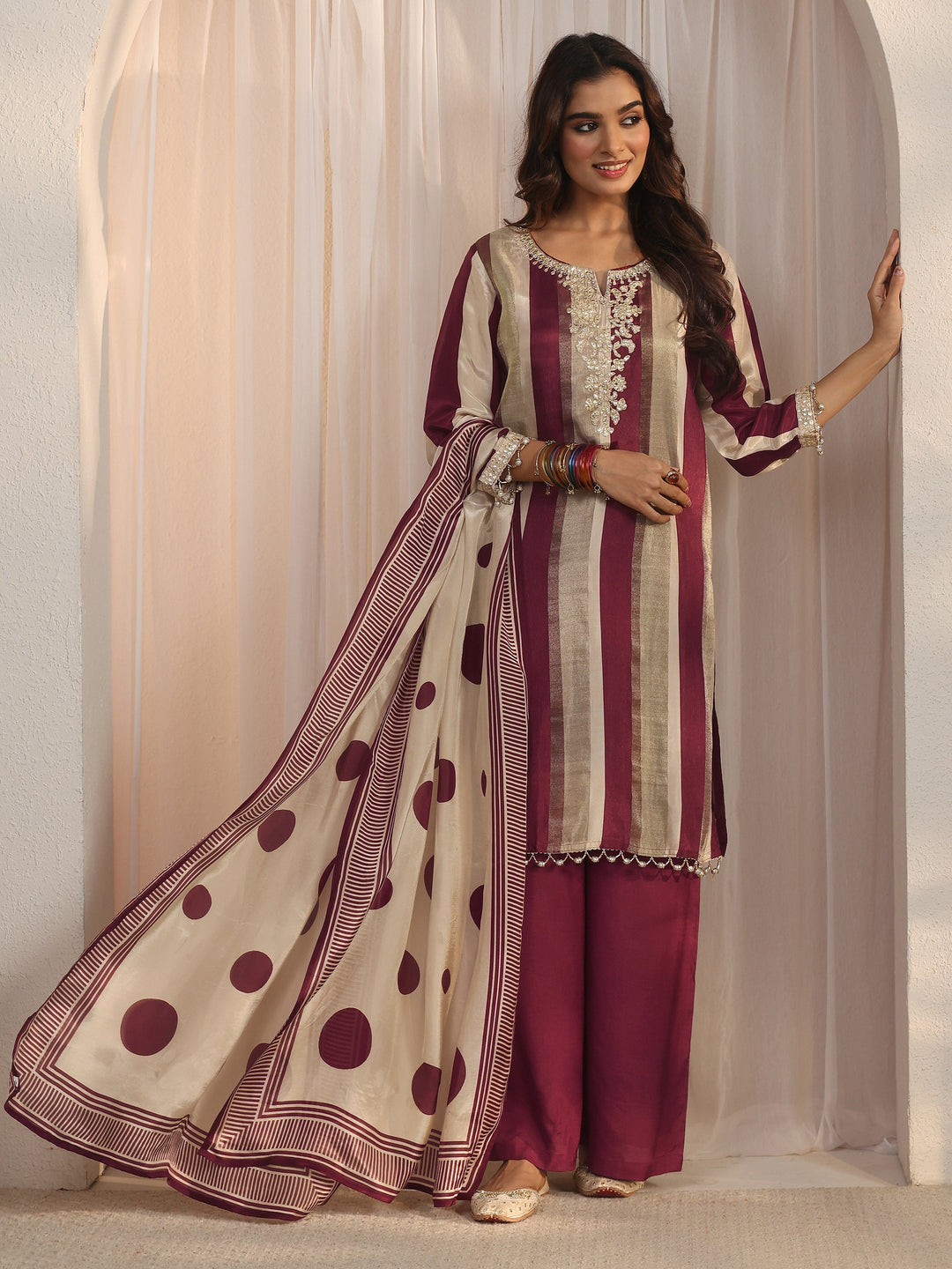 Libas Maroon Striped Organza Palazzo Suit Set