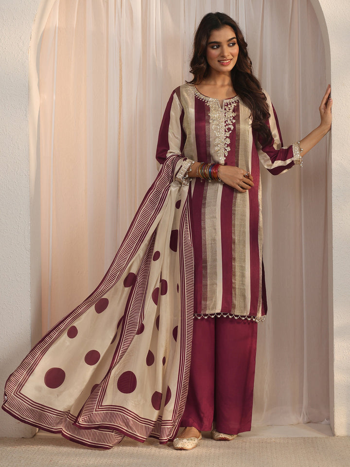Libas Maroon Striped Organza Palazzo Suit Set