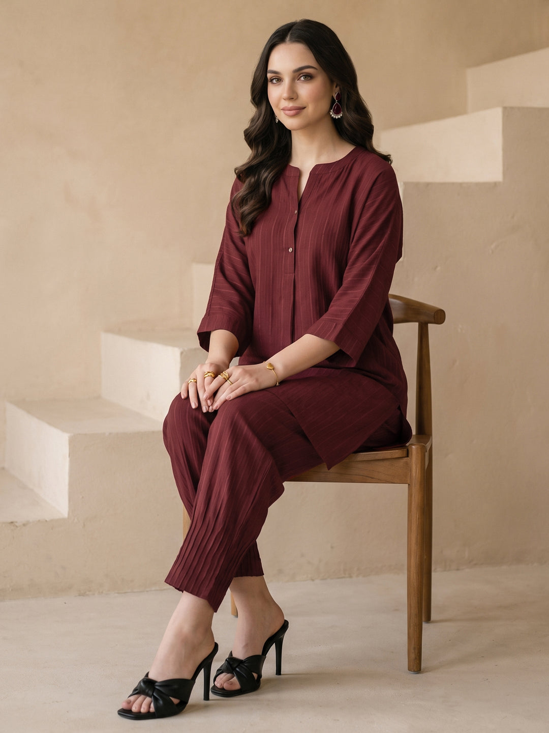 Libas Maroon Striped Rayon Co-Ord Set