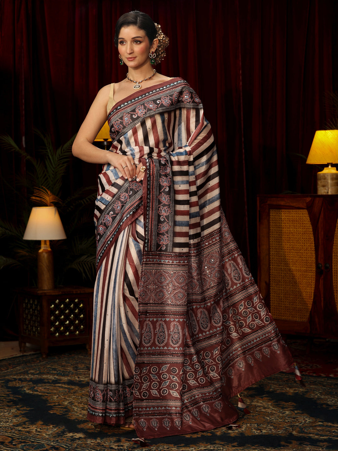 Libas Maroon Striped Satin Saree with Ajrakh Pallu