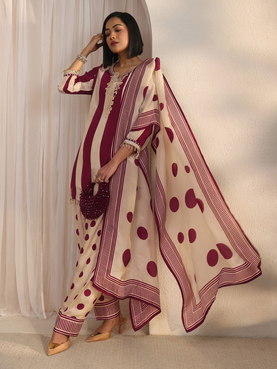 Libas Maroon Striped and Polka Dot Organza Farshi Salwar Suit