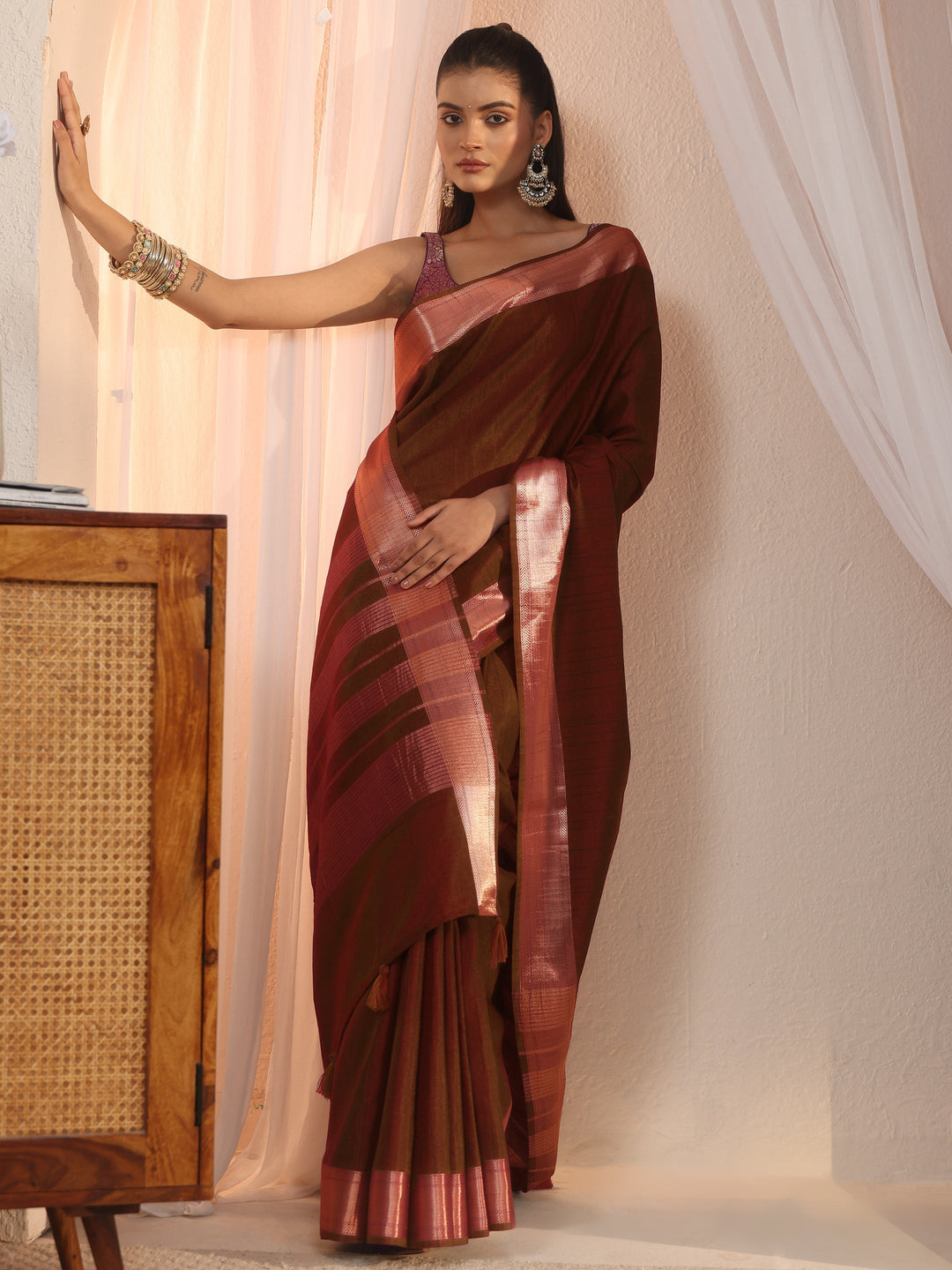 Libas Maroon Woven Border Silk Blend Tassel Saree