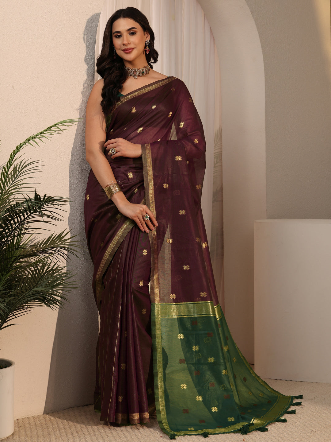 Libas Maroon Woven Design Cotton Blend Tassel Saree