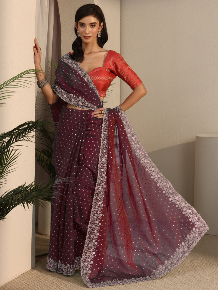 Libas Maroon Woven Design Tissue Saree with Floral Border