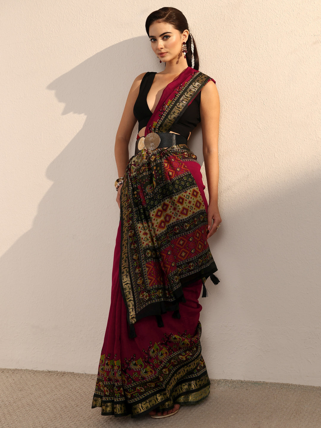 Libas Maroon and Black Printed Silk Blend Tassel Saree