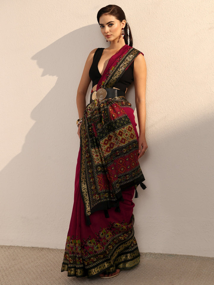 Libas Maroon and Black Printed Silk Blend Tassel Saree