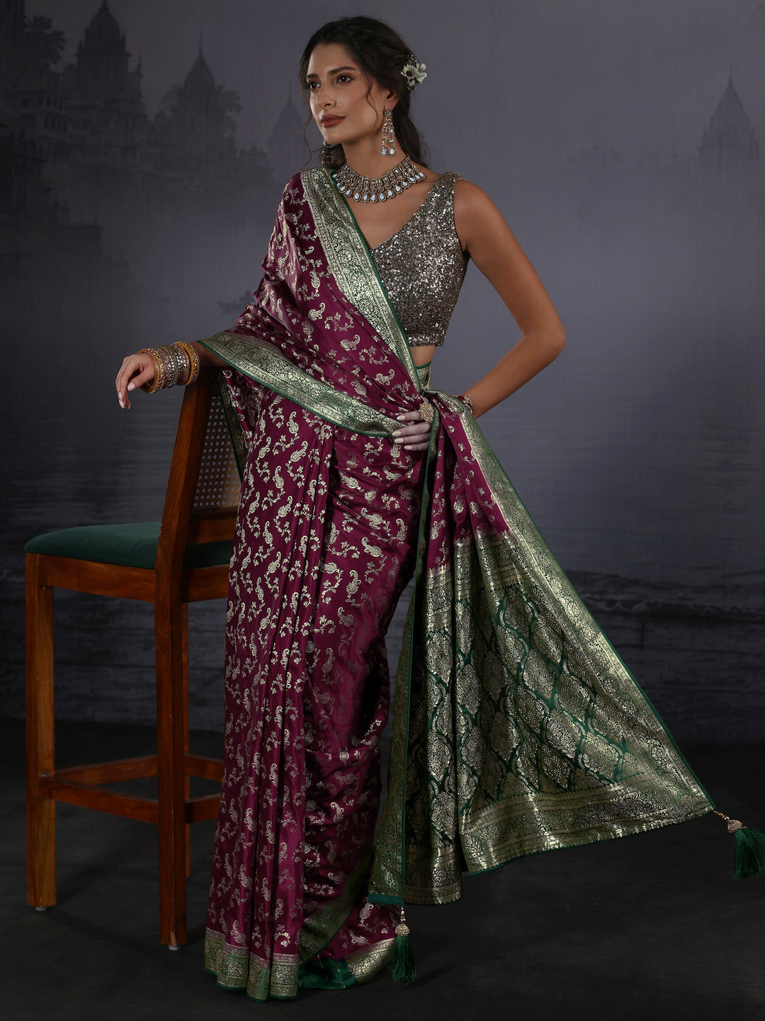 Libas Maroon and Green Ethnic Woven Design Satin Saree