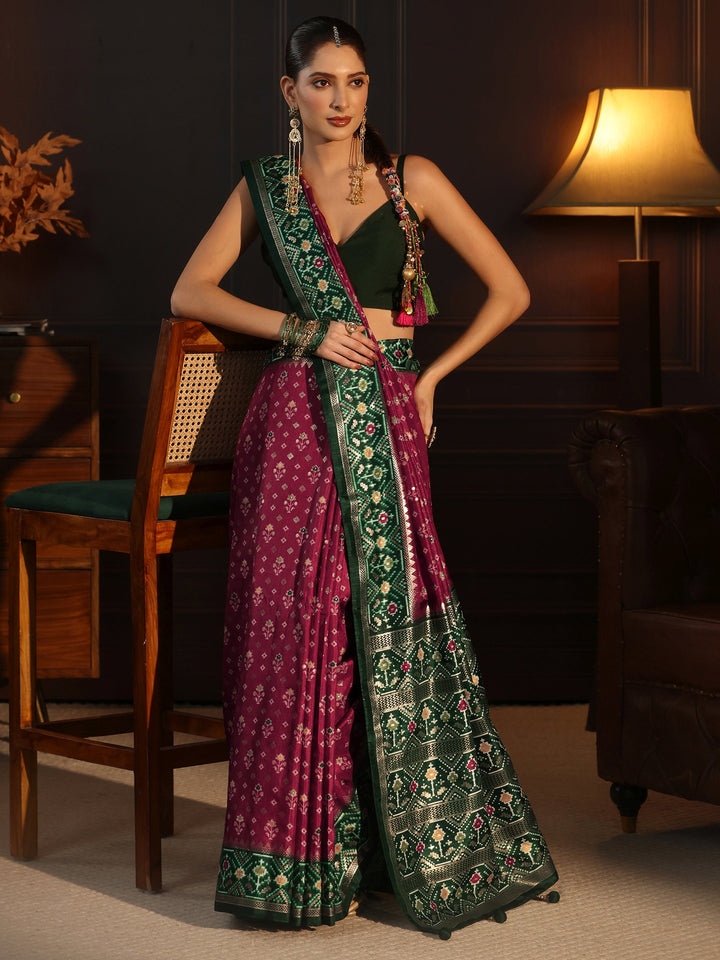Libas Maroon and Green Pochampally Ikat Silk Blend Saree