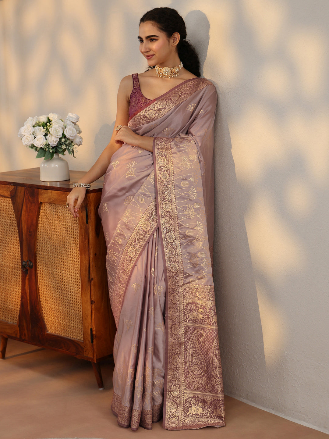 Libas Mauve Banarasi Satin Saree