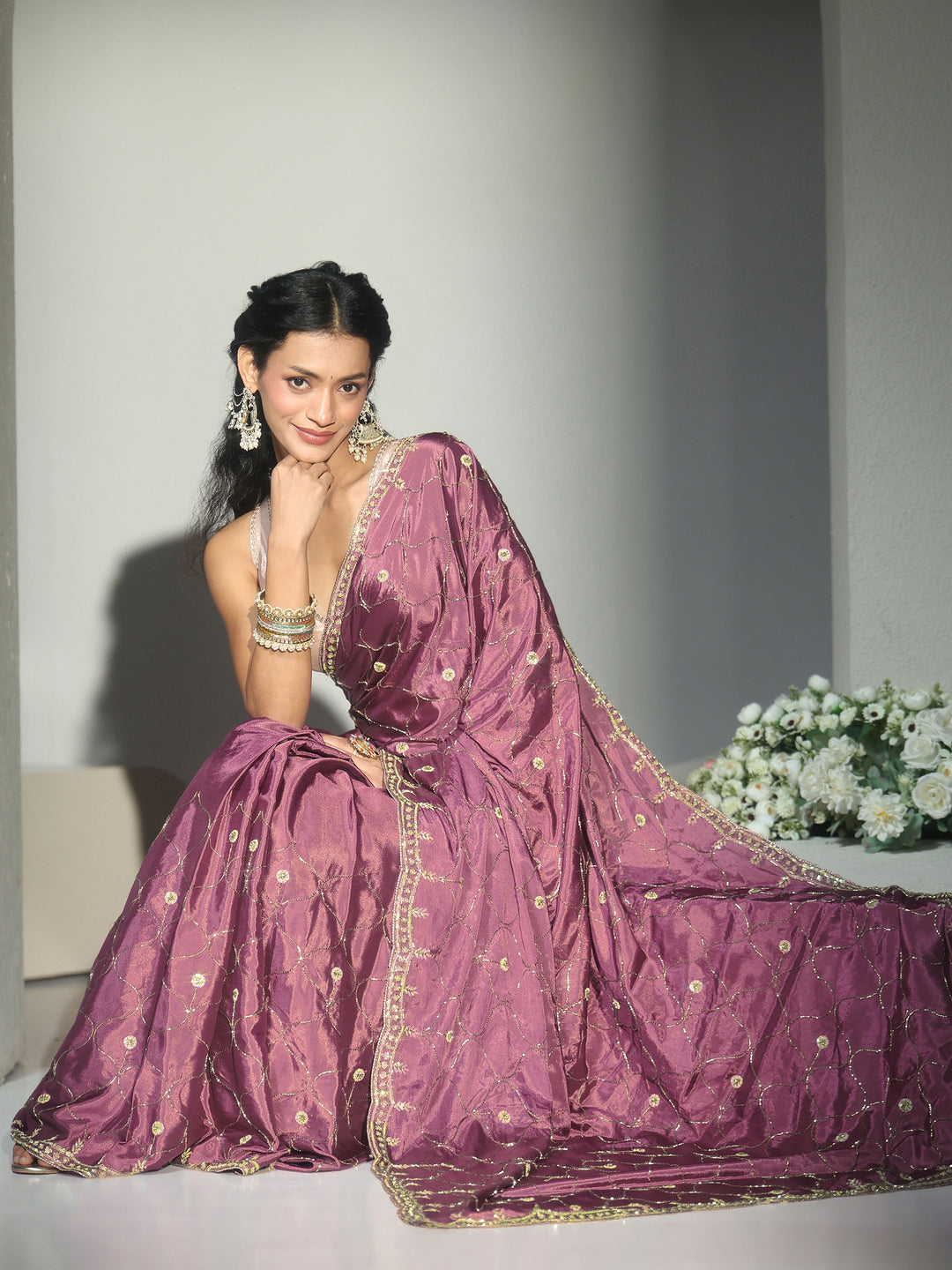 Libas Mauve Embellished Silk Blend Saree