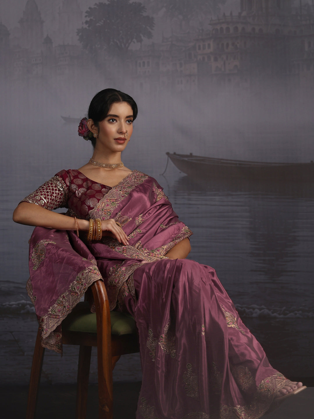 Libas Mauve Embroidered Satin Saree