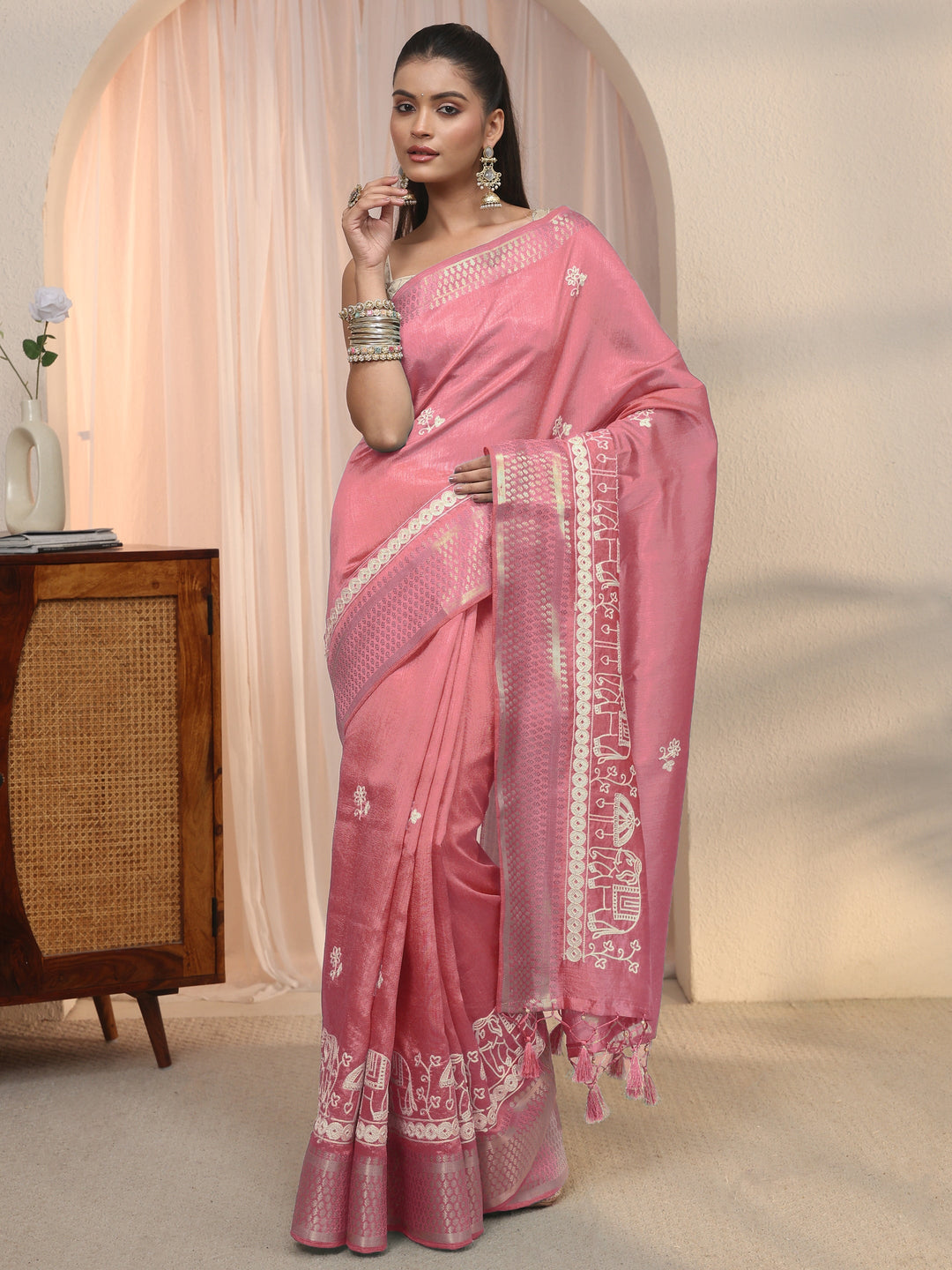 Libas Mauve Embroidered Silk Blend Tassel Saree with Woven Border