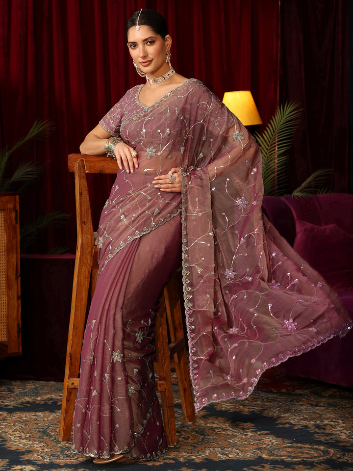 Libas Mauve Floral Embellished Chiffon Saree