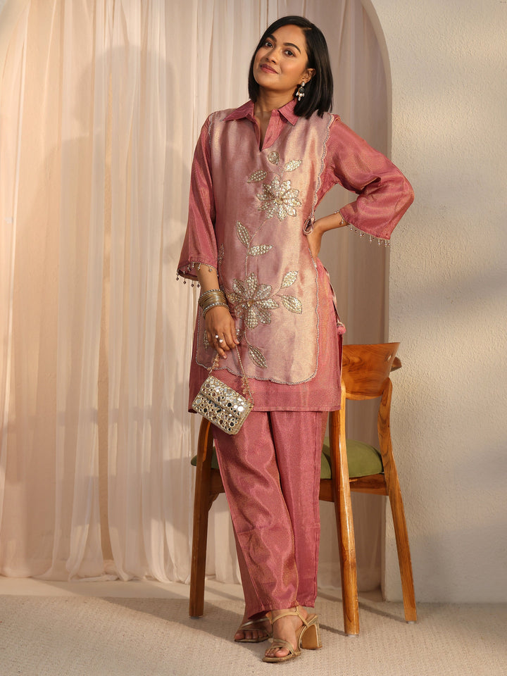 Libas Mauve Floral Embellished Tissue Bib Style Co-Ord Set