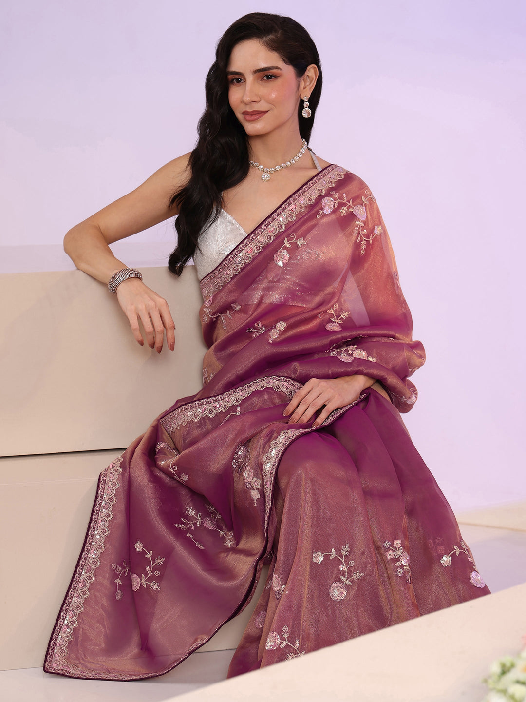 Libas Mauve Floral Embellished Tissue Saree