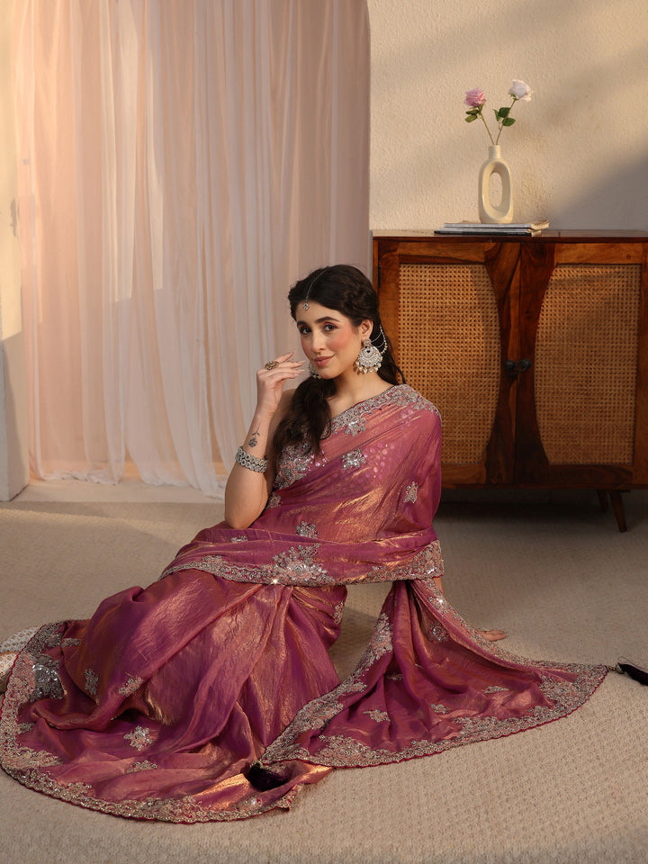 Libas Mauve Floral Embellished Tissue Saree