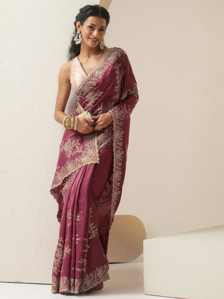 Libas Mauve Floral Embroidered Satin Saree
