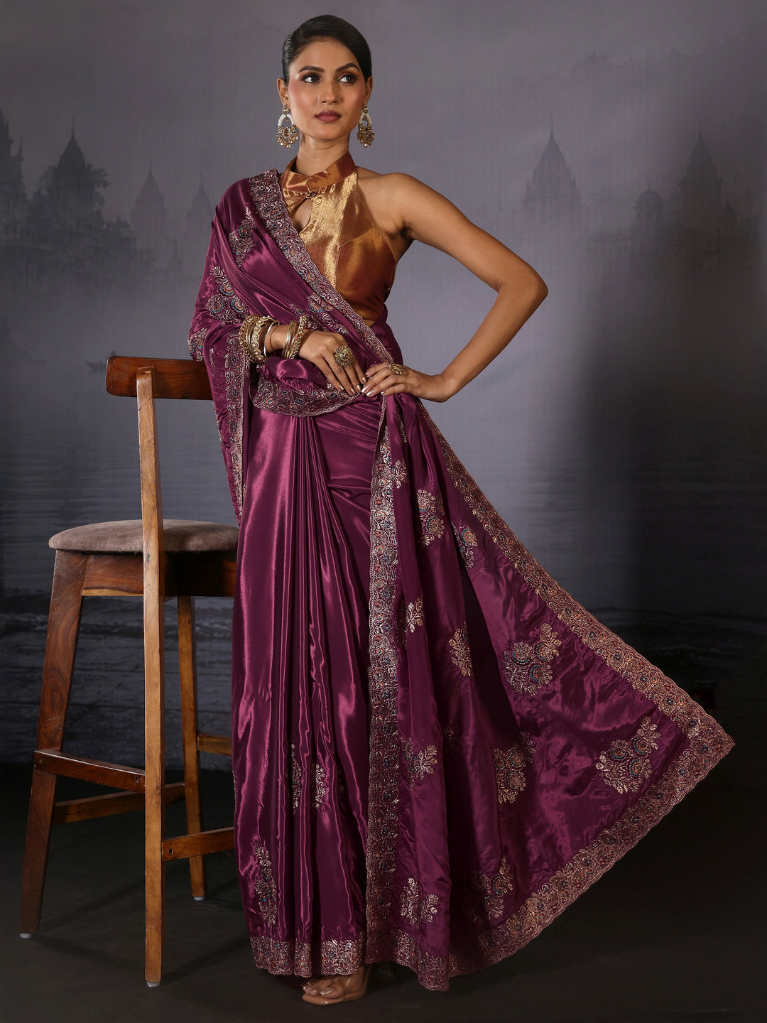 Libas Mauve Floral Embroidered Satin Saree