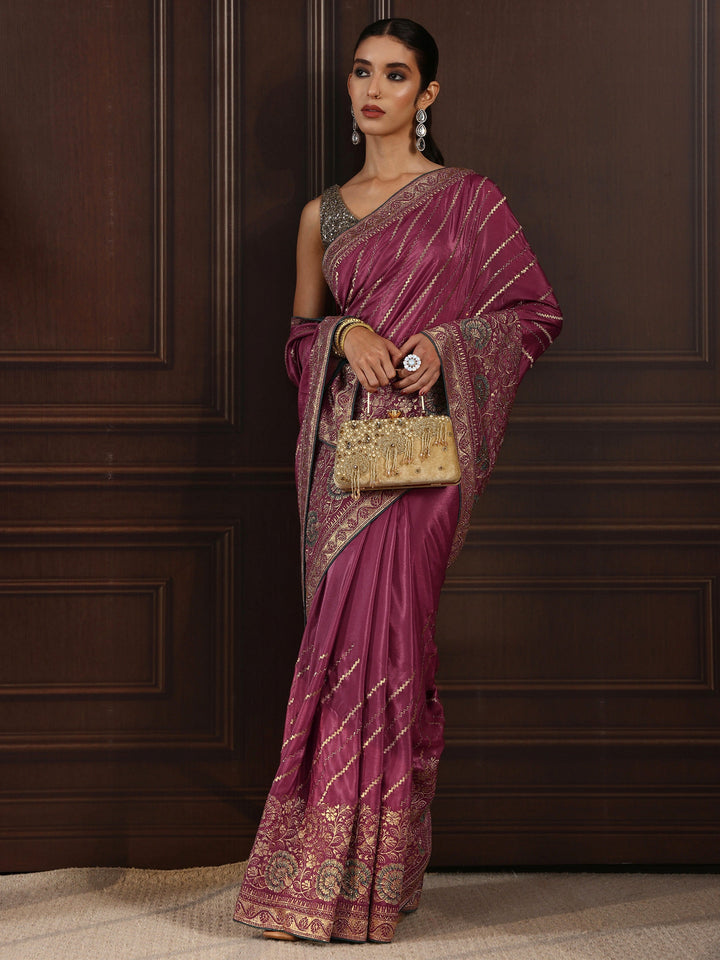 Libas Mauve Floral Embroidered Satin Saree