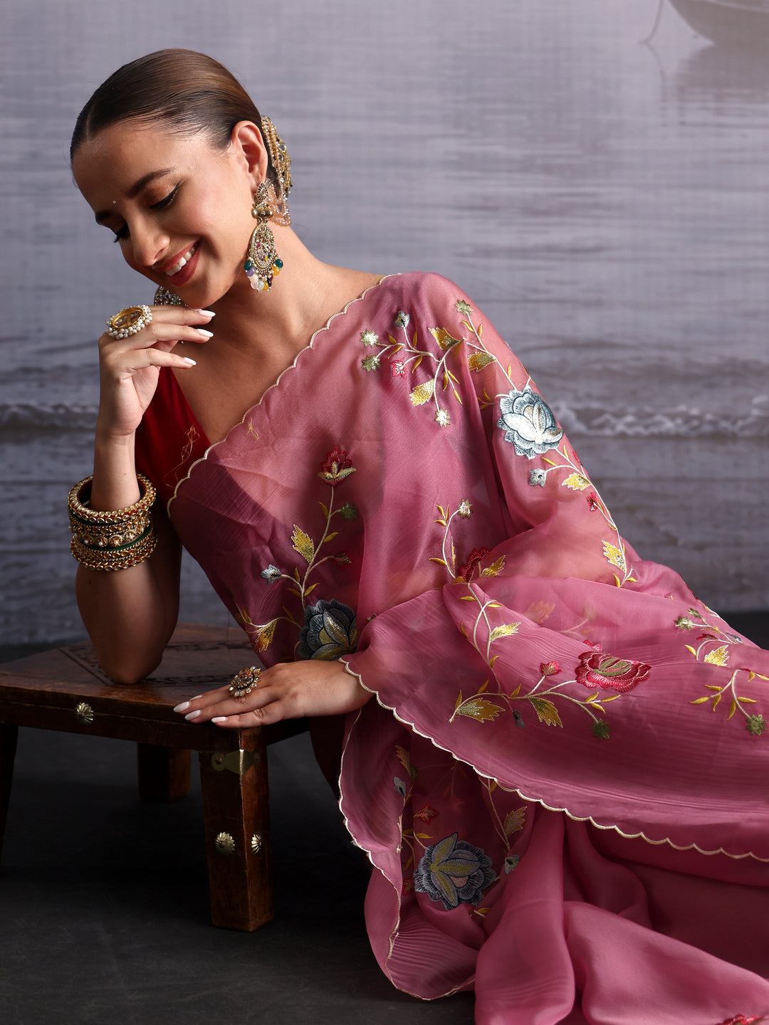 Libas Mauve Floral Embroidered Tissue Saree with Scalloped Border