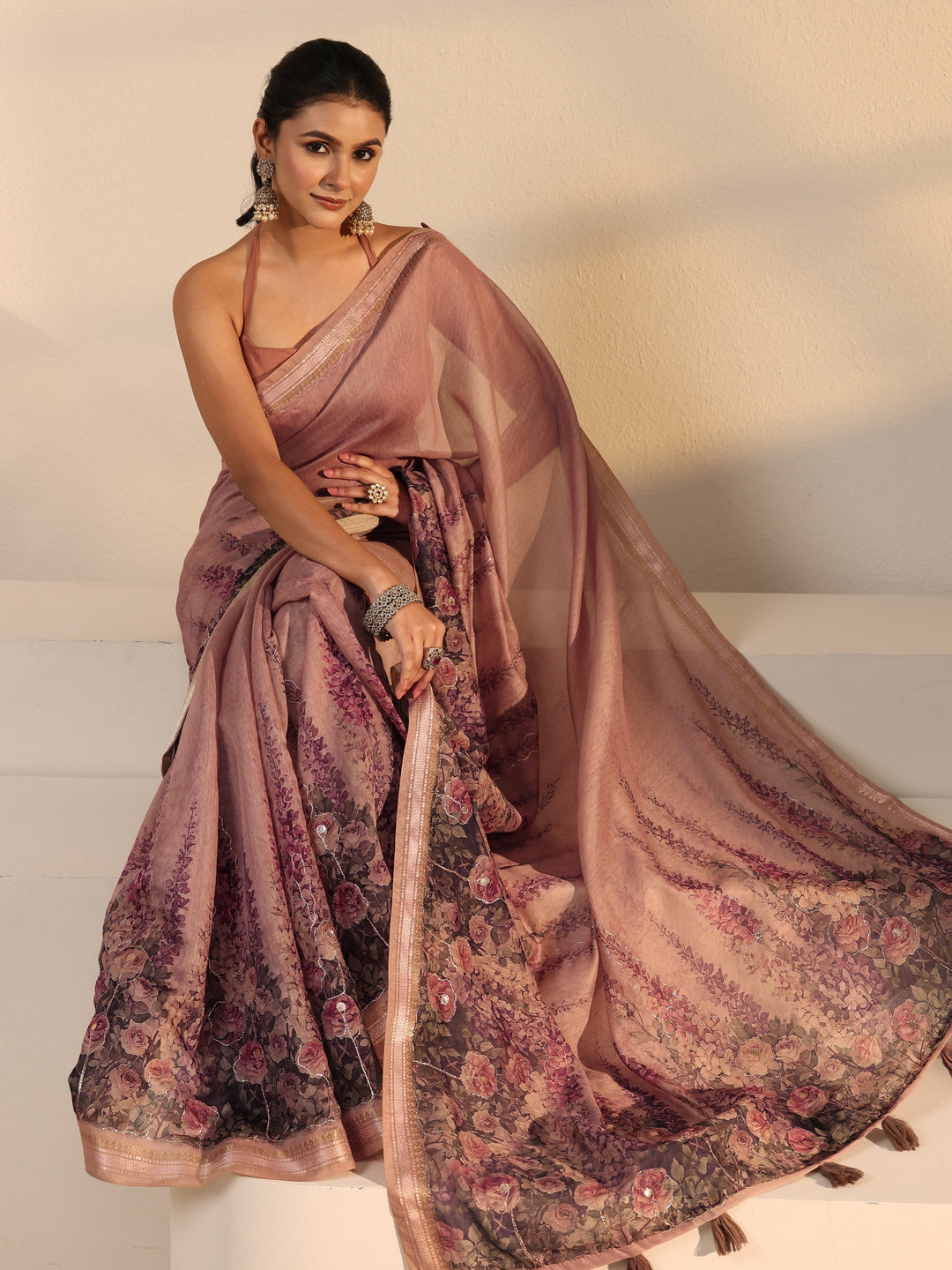 Libas Mauve Floral Printed Cotton Blend Tassel Saree