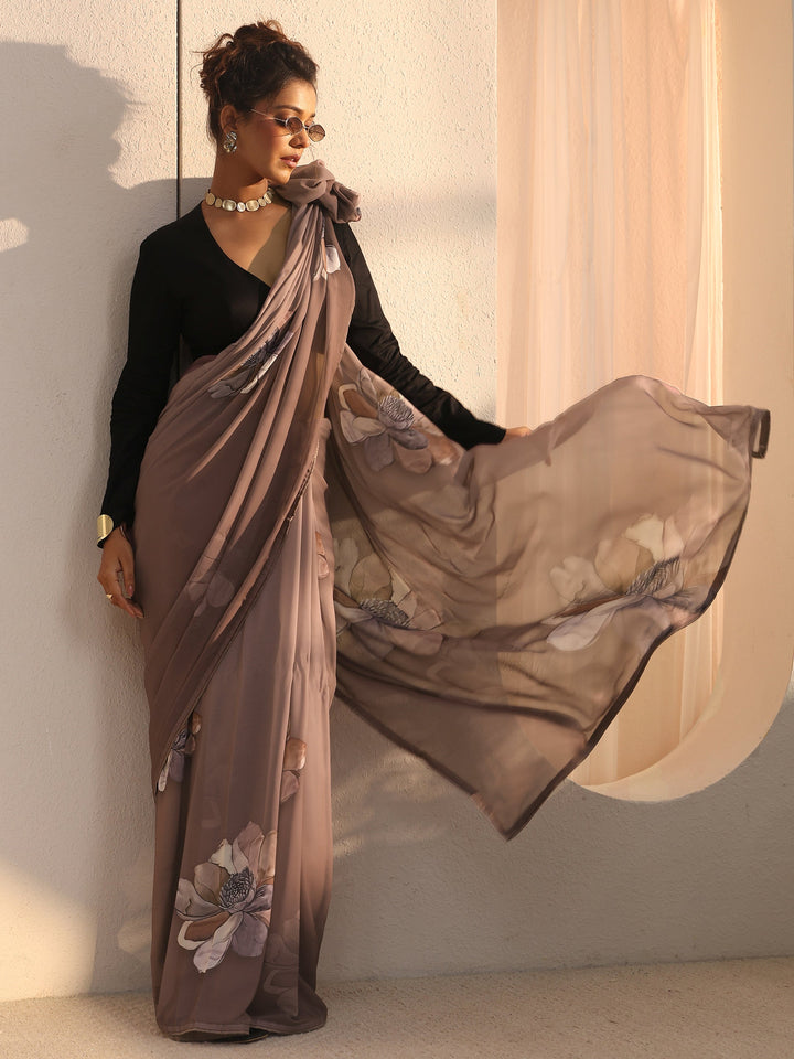 Libas Mauve Floral Printed Georgette Saree