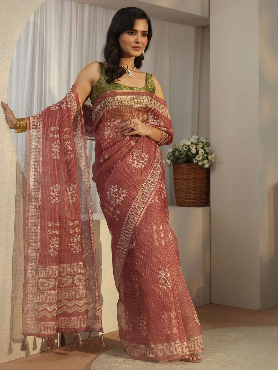 Libas Mauve Floral Printed Silk Blend Saree