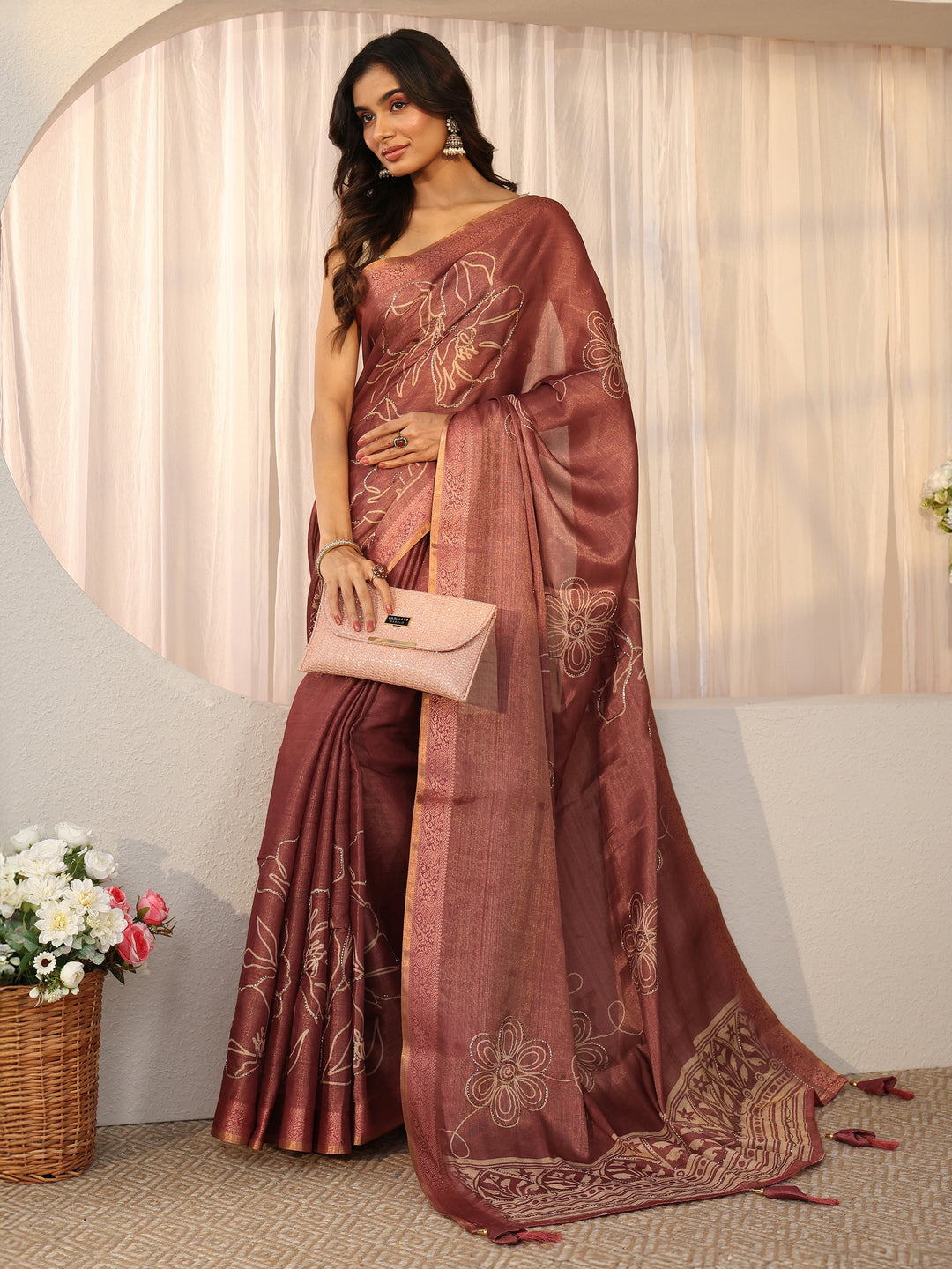 Libas Mauve Floral Printed Silk Blend Saree with Woven Border