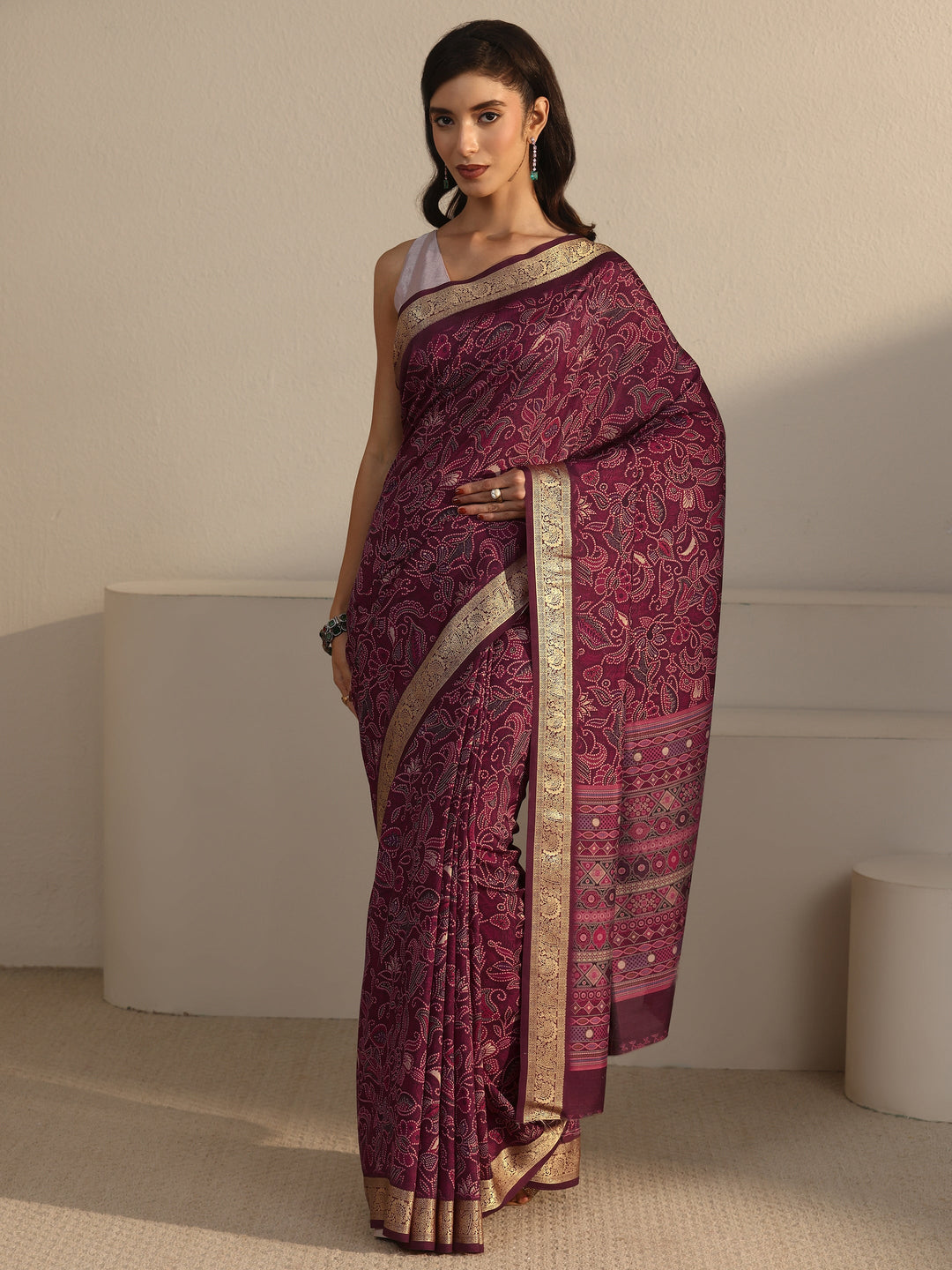Libas Mauve Floral Printed Silk Blend Saree with Woven Border