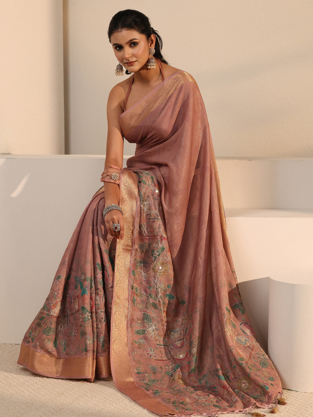 Libas Mauve Floral Printed Silk Blend Tassel Saree