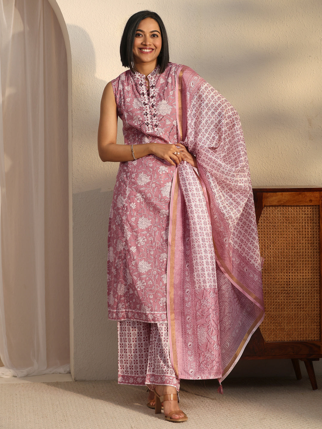 Libas Mauve Floral Printed Sleeveless Cotton Straight Suit Set