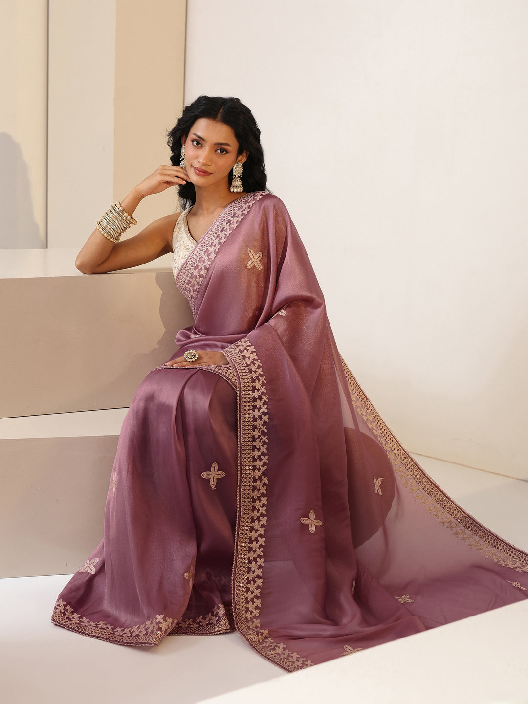 Libas Mauve Mirror Work Embellished Tissue Saree