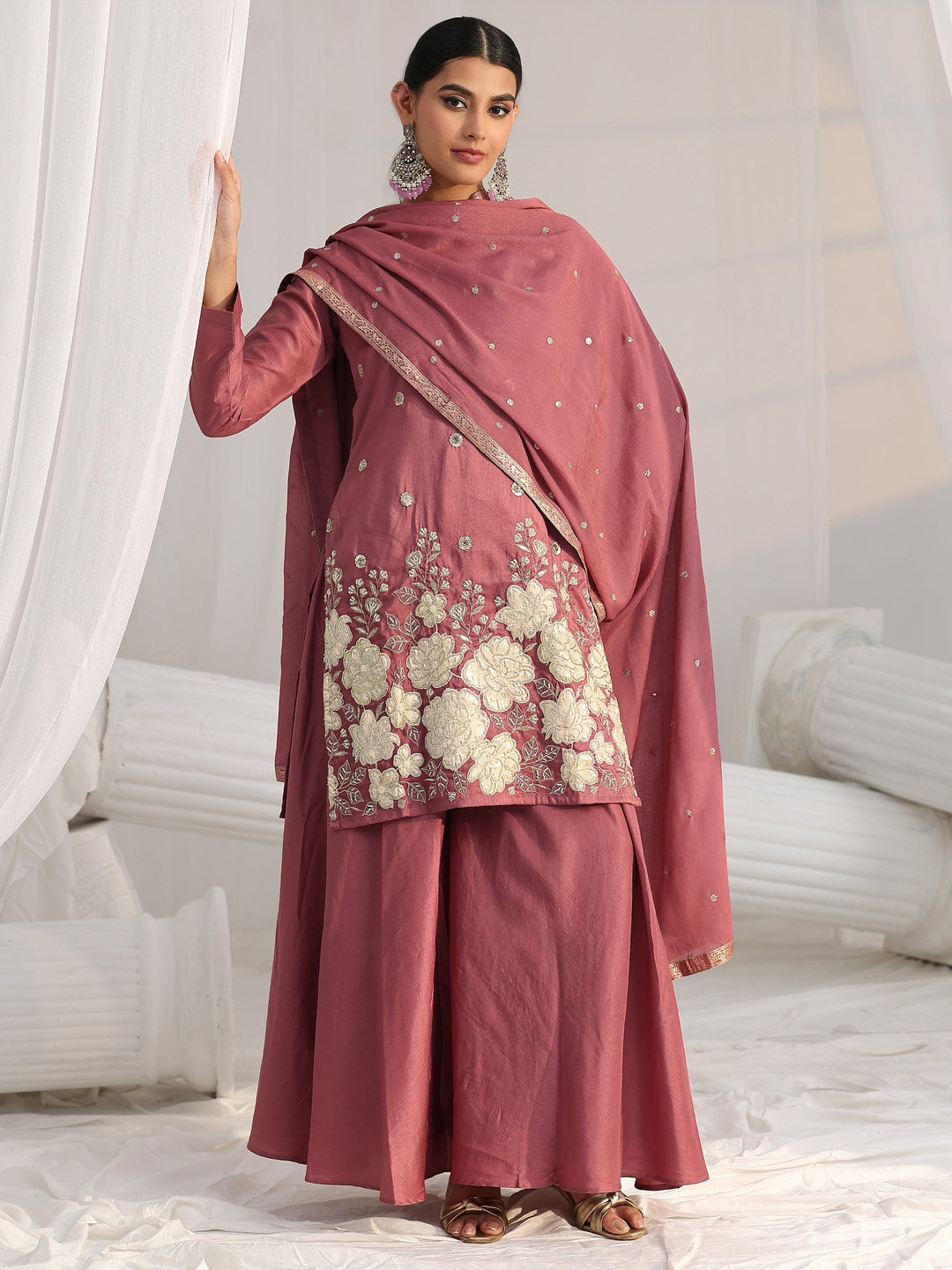 Libas Mauve Pink Floral Embellished Silk Blend Palazzo Suit Set