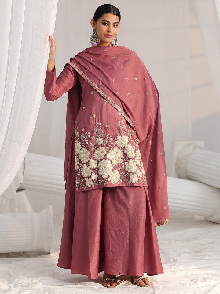 Libas Mauve Pink Floral Embellished Silk Blend Palazzo Suit Set