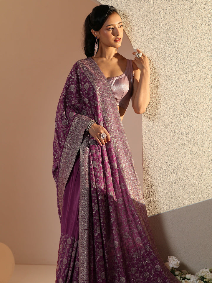 Libas Mauve Satin Saree with Floral Embellishments