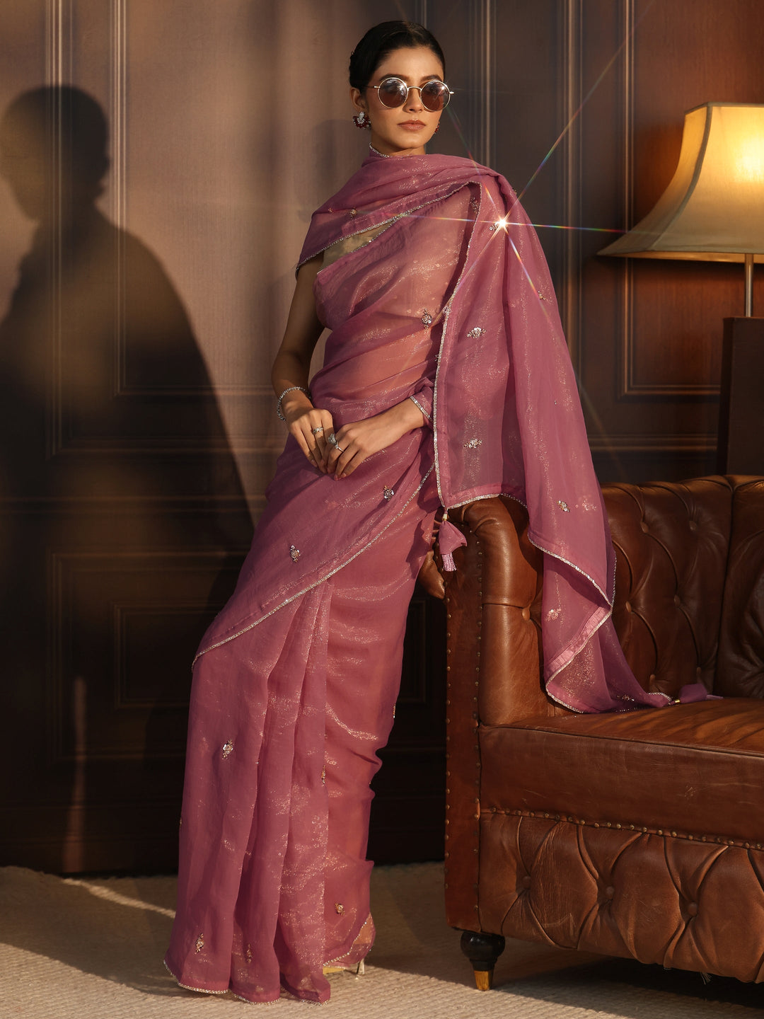 Libas Mauve Sequin Embellished Tissue Saree