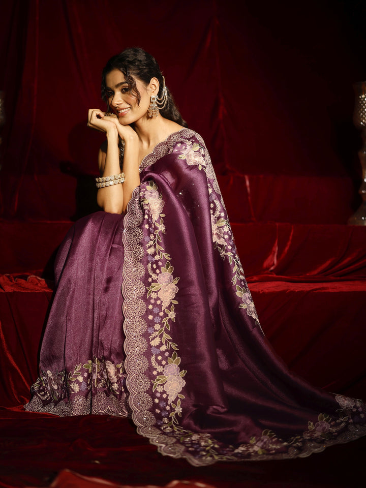 Libas Mauve Solid Net Saree