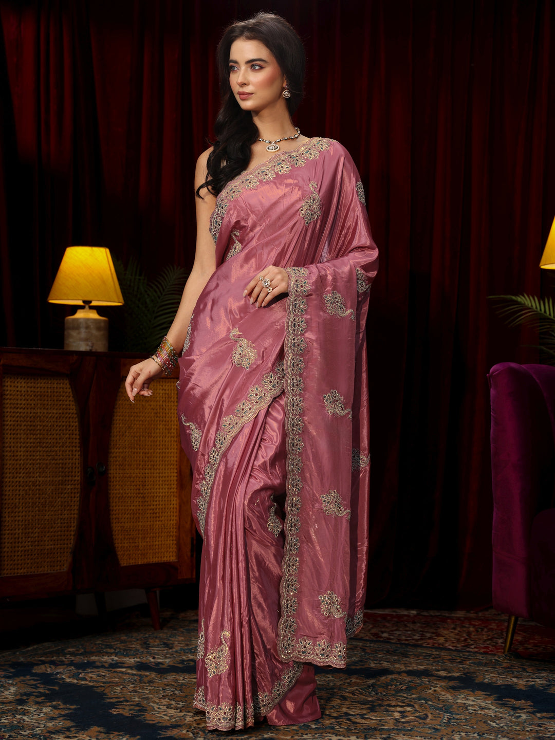 Libas Mauve Stone Work Embellished Silk Blend Saree