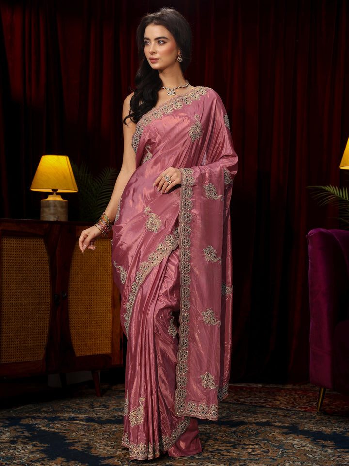 Libas Mauve Stone Work Embellished Silk Blend Saree