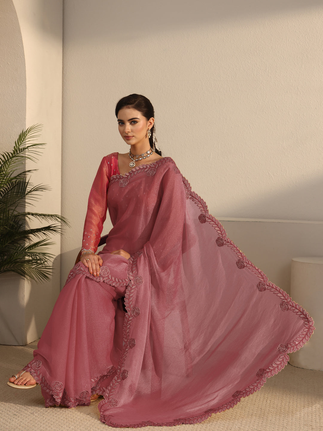 Libas Mauve Tissue Saree with Embellished Scalloped Border