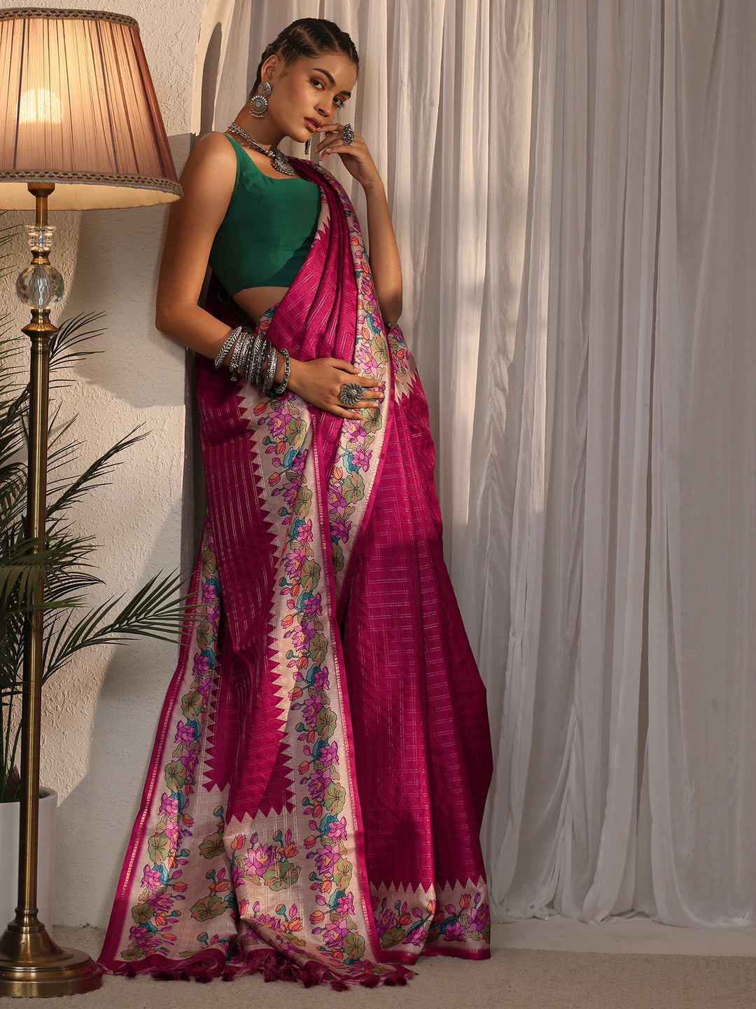 Libas Mauve Woven Design Silk Blend Tassel Saree with Floral Border
