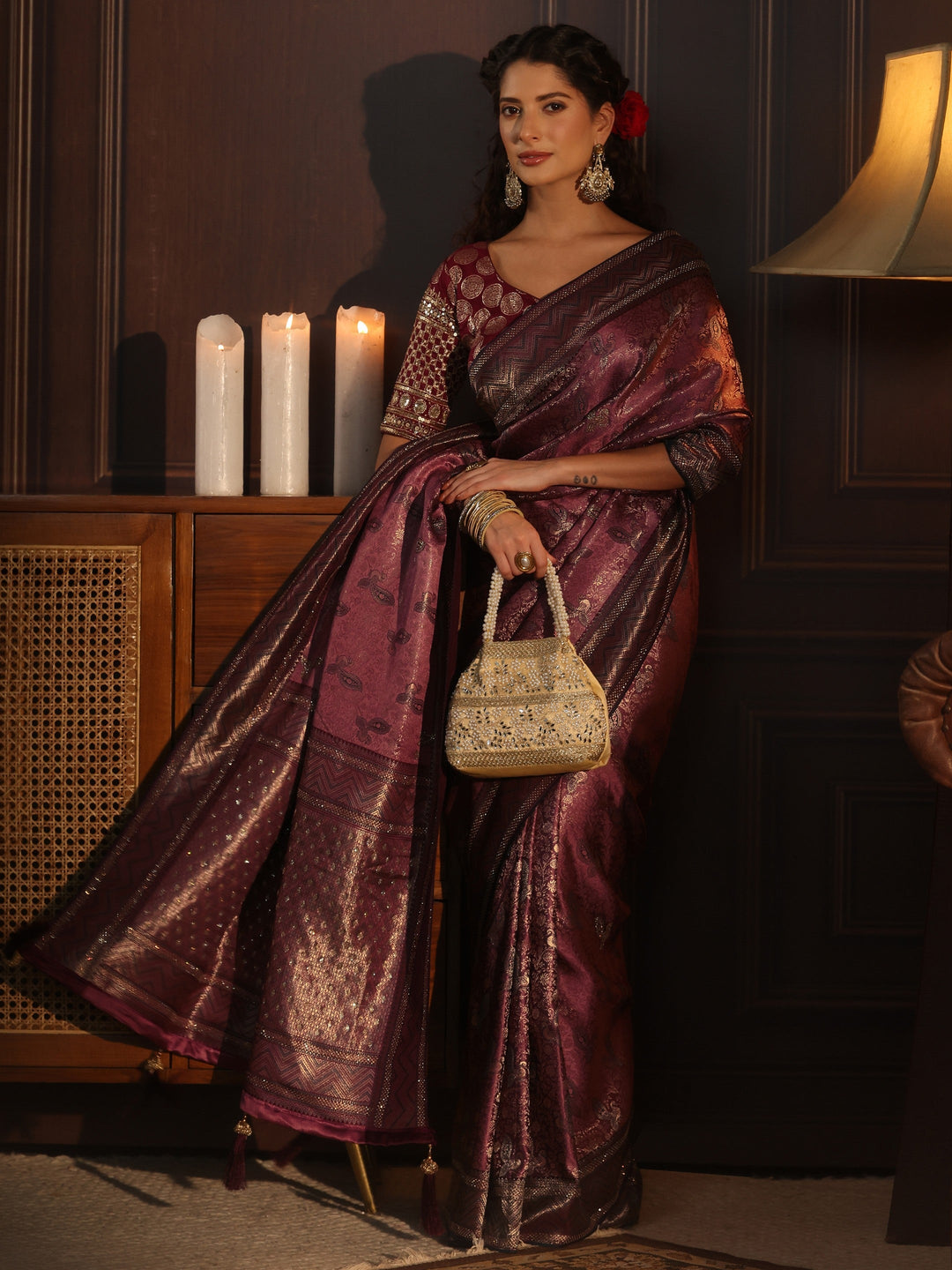 Libas Mauve Woven Design Silk Blend Tassel Saree with Stone Work