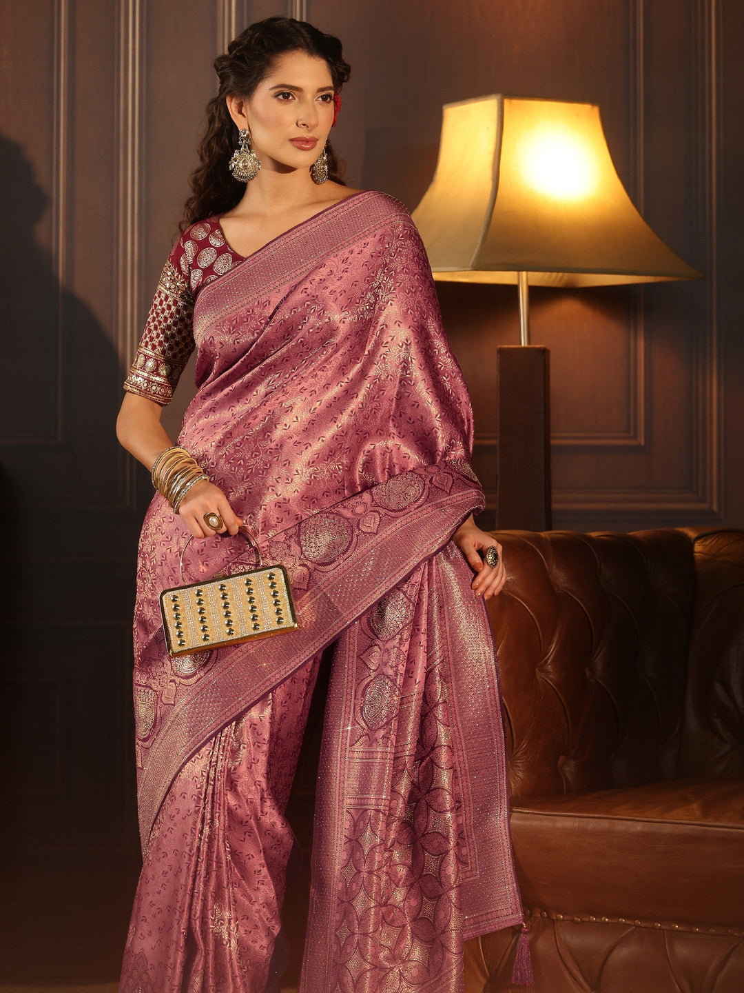 Libas Mauve Woven Design Silk Blend Tassel Saree with Stone Work