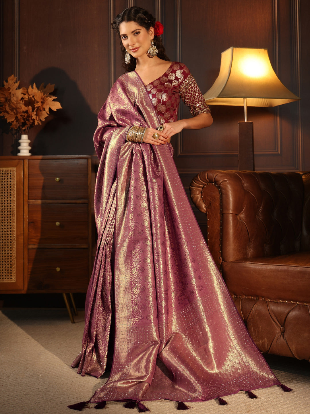 Libas Mauve Woven Design Silk Blend Tassel Saree with Stone Work