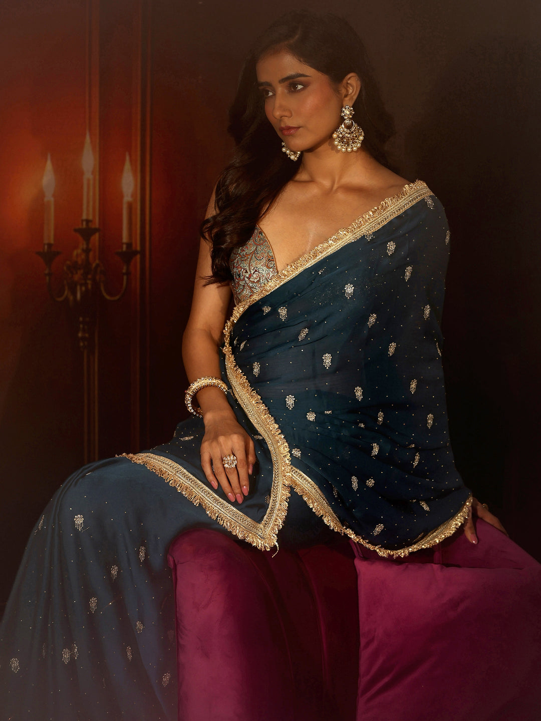 Libas Midnight Blue Embellished Chinon Saree with Gota Border