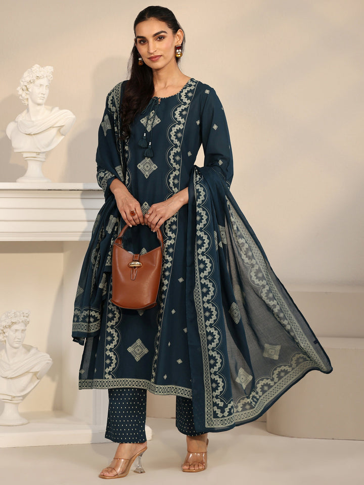 Libas Midnight Blue Printed Cotton A-line Suit Set