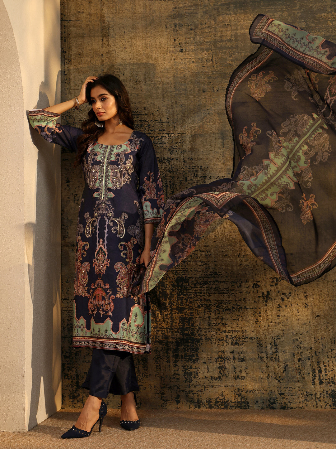 Libas Midnight Purple Paisley Print  Silk Blend Straight Suit Set