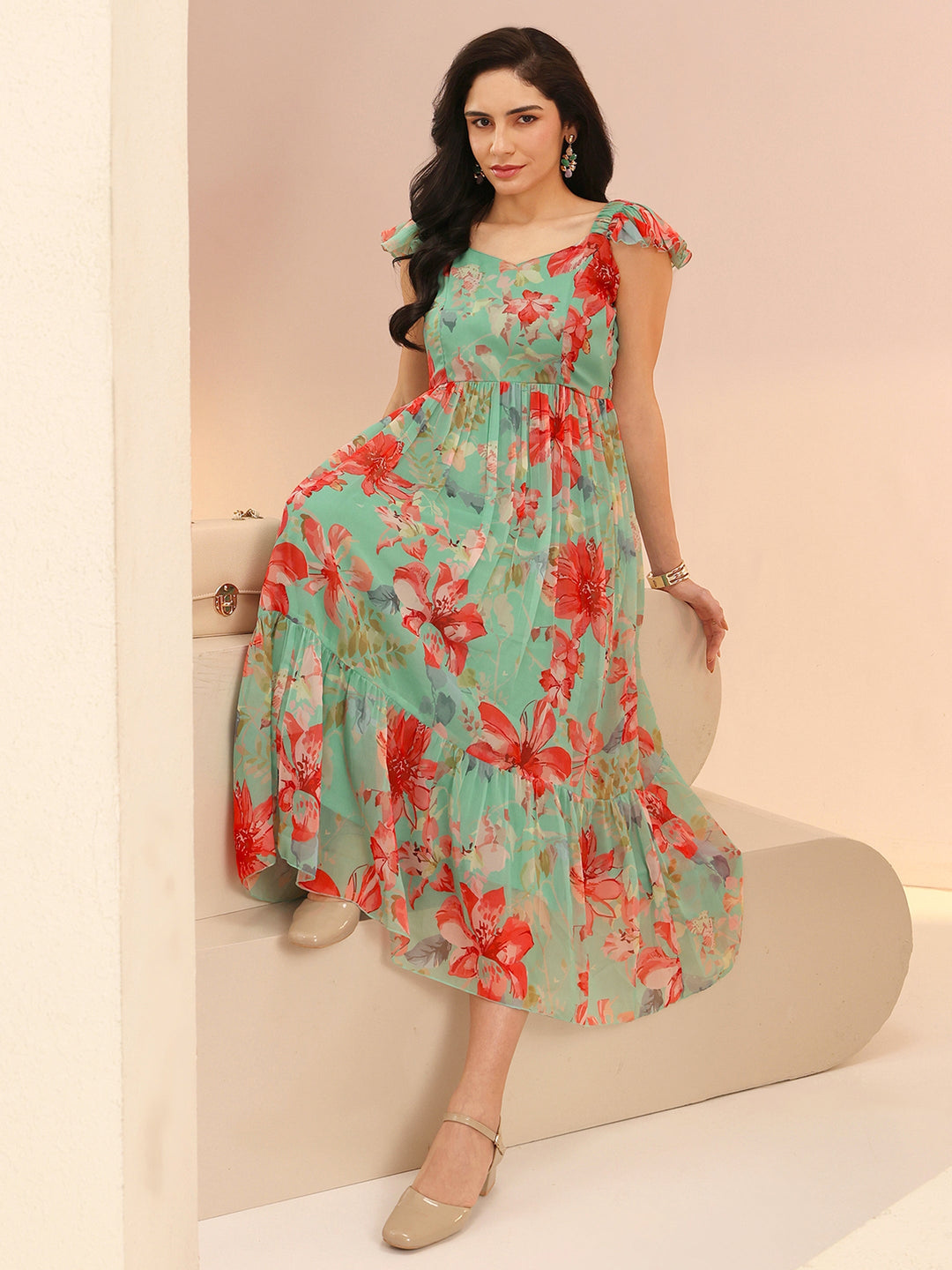 Libas Mint Green Floral Printed Chiffon A-Line Dress